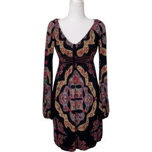 Chelsea & Violet Black on Paisley Drawstring Bodice Stretch Knit Dress (XS)